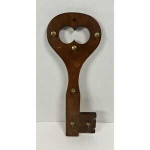 VTG Wooden Key Hook Skeleton Key Shape Brass Hooks MCM 13"